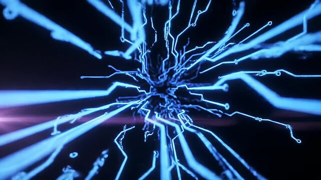 Glowing blue purple neon circuit board lines abstract motion design