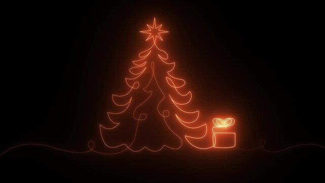 Neon glowing One continuous line drawing of Christmas tree with star on top. Festive pine plant and gift box in simple linear style.Editable stroke.