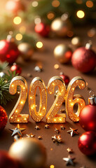 Illuminated 2026 numerals with Christmas ornaments, for festive celebrations