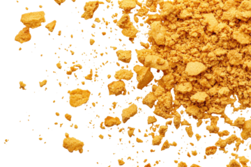 Close-up of crumbled, golden-yellow, crunchy pieces and fine powder against a black background, possibly a food product like a cracker or biscuit