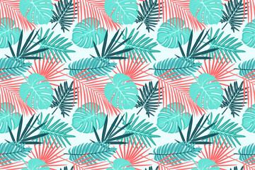 Colorful, seamless summer pattern with tropical leaves in turquoise and pink shades. The pattern is on the swatches panel. You can remove the leaves and put them where you like best