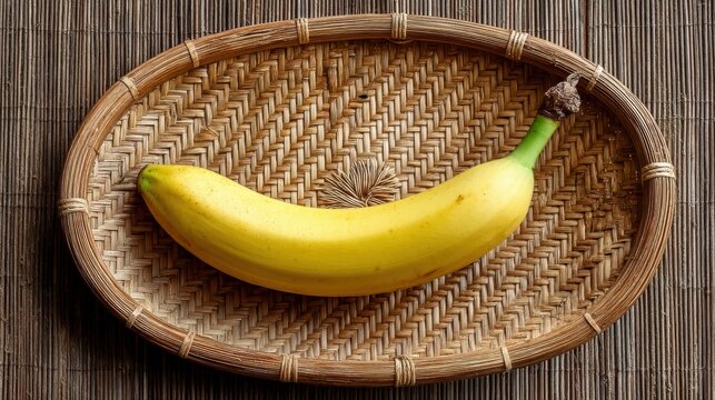Ripe banana on woven bamboo plate with rustic wooden table setting
