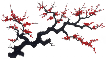 Elegant red plum blossom branch on PNG transparent background artwork