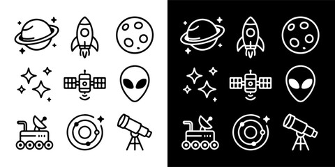 Cosmic Collection: An enchanting collection of celestial wonders and exploration tools are gracefully arranged against contrasting backgrounds in a minimalistic style.