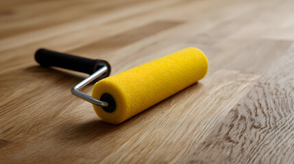 Varnish Roller on Sanded Parquet Flooring Home Improvement Project Refinishing Hardwood Floors DIY Renovation Interior Design Varnishing Process Wood Finishing Detail
