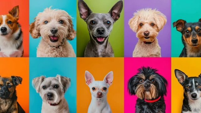 Collage of dogs portraits in bright multi-colored frames. Small dog breeds on a bright colorful background.