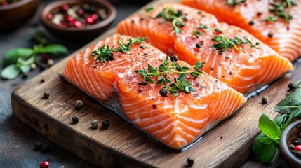 Preparing fresh salmon fillets with herbs kitchen countertop food photography rustic setting closeup view gourmet cooking