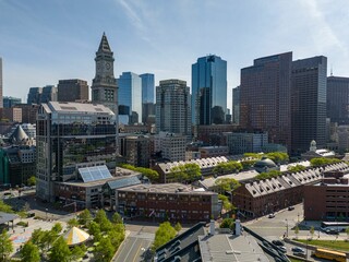 Aerial view of Christopher Columbus Waterfront Park in Boston with greenery and urban landscape
