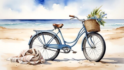 Fototapeta premium Watercolor illustration of vintage bicycle on the beach, towel over handlebar, beach bag.
