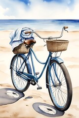 Fototapeta premium Watercolor illustration of vintage bicycle, towel over handlebar, beach bag.