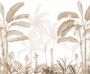 Delicate Watercolor Style Neutral Jungle Plants Detail, Calm Minimalist Botanical Element
