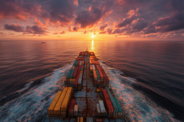 Cargo Ship Sailing Through Ocean at Vibrant Sunset