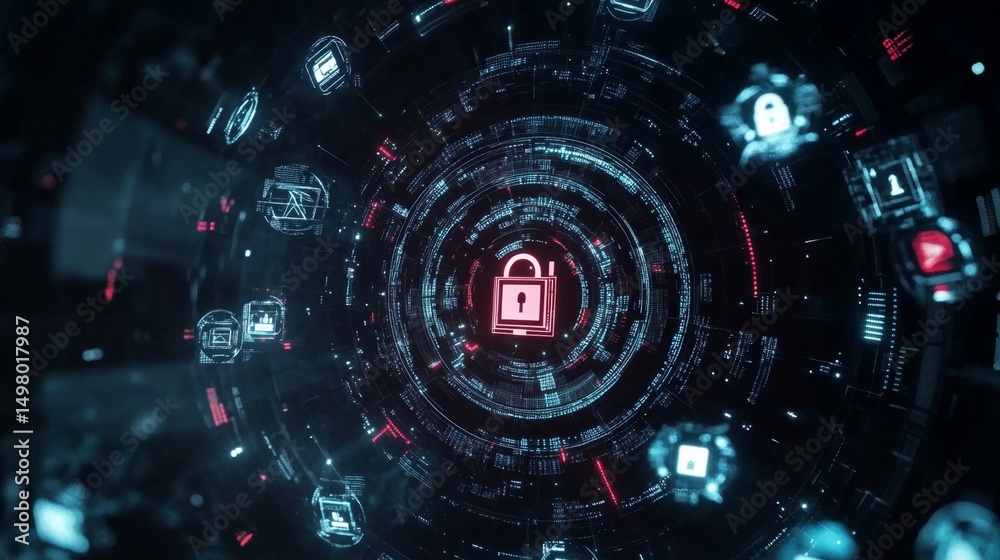 Poster securing the future cyber lock surrounded by floating technology icons in a virtual environment with