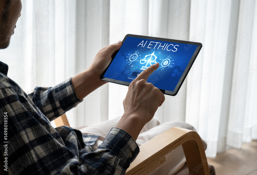 Poster ai ethics responsibility standard law and rules on computer screen provide report of ai ethic transp