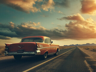 Fototapeta premium Classic Red Car on Desert Road at Golden Hour
