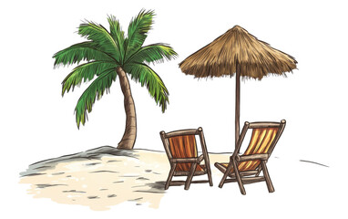 Palm tree is in the foreground of a beach scene with two beach chairs