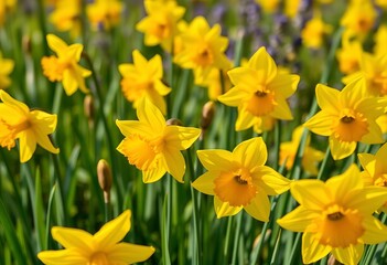 Obraz premium Close-up of vibrant yellow daffodils blooming in a spring meadow, vibrant, floral banner