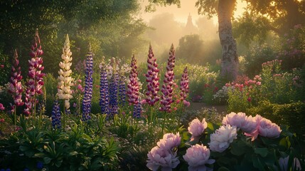 Obraz premium A tranquil English garden at dawn with blooming lupines, hollyhocks, and peonies, gently glowing in the golden light of early summer morning.