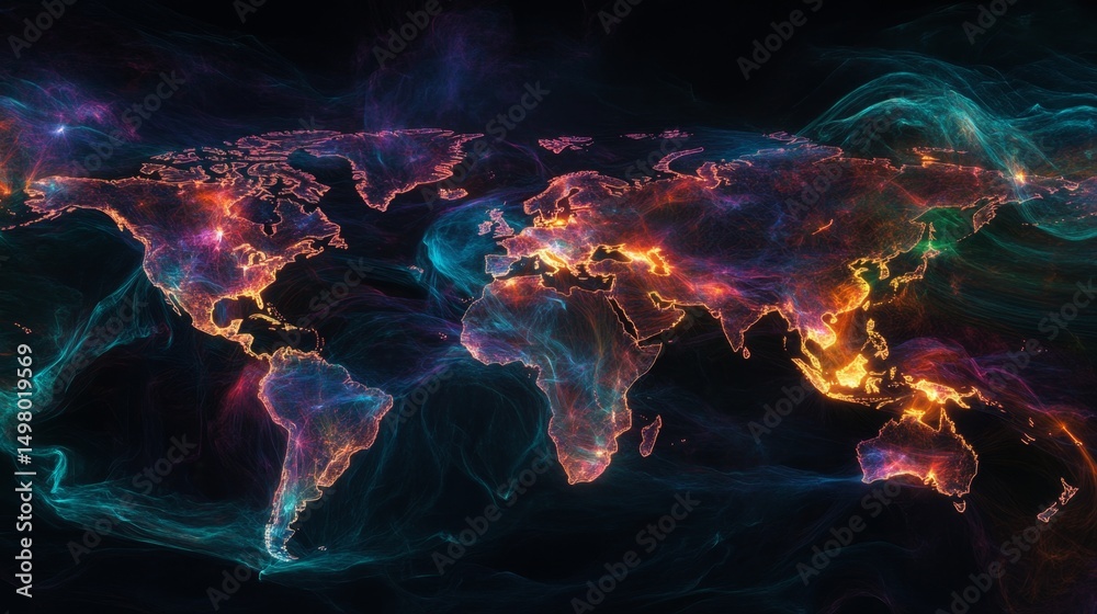 Poster exploring radiant digital world map distribution global perspective interactive visualization virtua