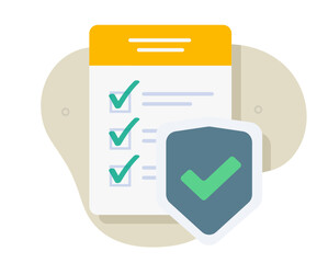 Policy claim protection shield icon vector, check list document secure safety sign symbol flat cartoon graphic illustration, insured checkmark checklist fraud warranty info image clip art
