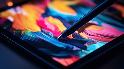 Tablet with stylus creating colorful digital art with modern technology.