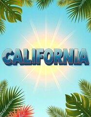 California summer vibes with tropical palm leaves and sunburst background