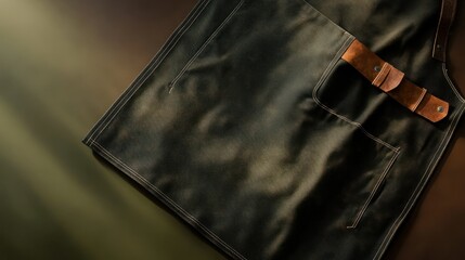 Close-up of a dark green apron with leather straps and pockets; workwear, cooking.