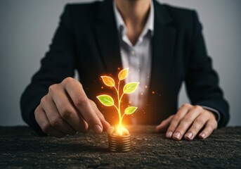 Businesswoman with coins and glowing plant