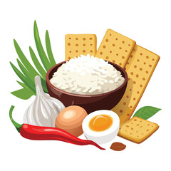 Rice Meal Complete Dish Ingredients - Vector Illustration