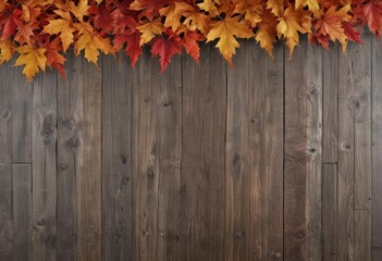 Golden & crimson maple leaves arranged on weathered wood planks ,  overhead,  orange