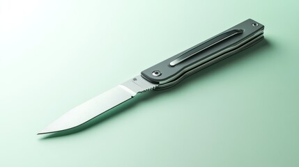 Fototapeta premium A minimalist shot of a sleek gray pocket knife against a light green backdrop.