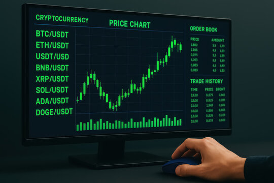 Cryptocurrency trading chart on a dark screen with green candles, order book, and a hand using a computer mouse - Powered by Adobe