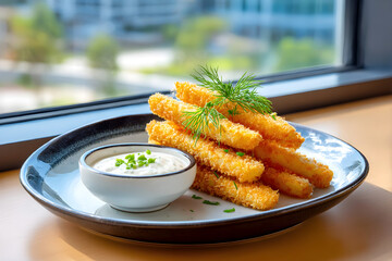 Crispy breaded zucchini sticks served with creamy dipping sauce and garnished with fresh herbs on a ceramic plate. Close-up