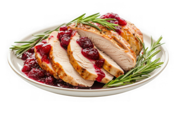Roasted turkey breast slices with cranberry sauce and rosemary