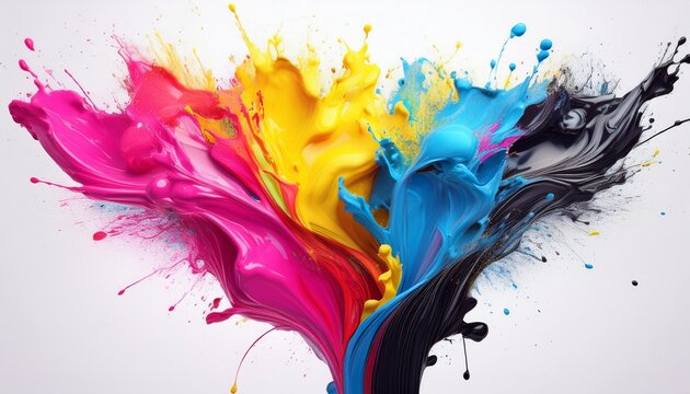 colorful cmyk paint splashing on white background