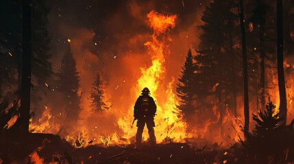 Obraz premium Firefighter surveying a burning forest wildfire scene nature photography fiery environment dramatic viewpoint emergency response concept