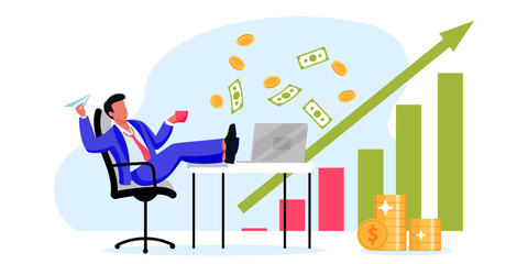 Passive investment, profit concept. Man sitting in office and looking for growing financial chart. Vector illustration
