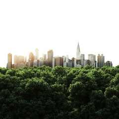 City skyline emerging from lush green forest isolated on white background