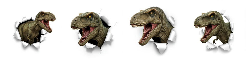 Dinosaur Heads Emerging From Ripped Paper - Four dinosaur heads of varying sizes burst through ripped white paper against a solid white background