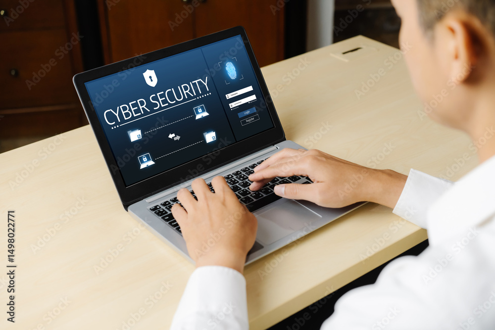 Poster cyber security system on computer screen protect private information snugly from hacker and cyber at