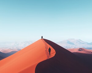 Two figures ascend a vast red dune