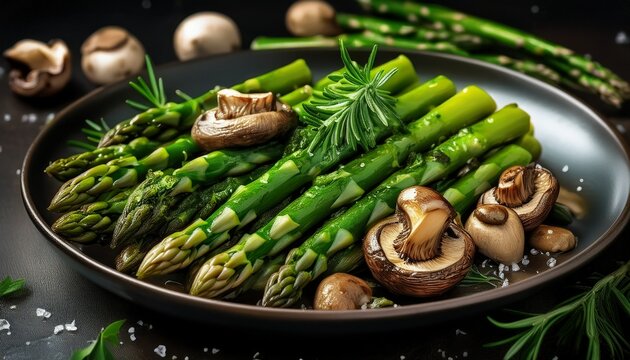 fresh green asparagus with mushrooms and herbs n healthy vegetarian gourmet food close up ai generative