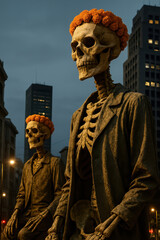 Obraz premium Two skeleton statues with marigold crowns standing in city center with dusk sky and buildings behind
