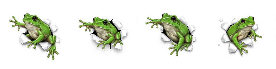 Leaping Frogs Breaking Through Paper - Four green frogs bursting through paper, symbolizing freedom, nature, surprise, breakthrough, and renewal. High resolution