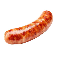A single, grilled sausage, curved, showing a browned, glistening surface with subtle grill marks, isolated on a black background