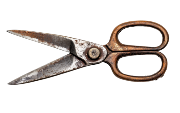 Pair of rusty scissors with a silver button on the handle