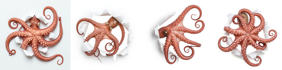 Octopus Breaking Through Paper - A vibrant red octopus bursts through white paper, symbolizing breaking , hidden depths, resilience, adaptability, and mystery