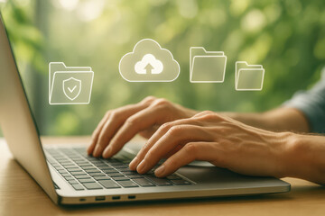Hands typing on laptop with floating cloud and lock icons over green eco-themed background