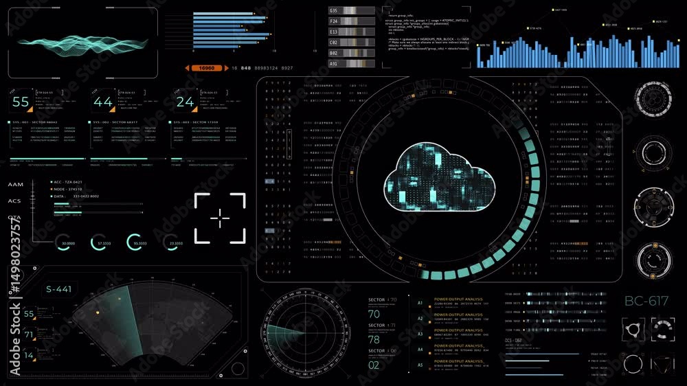 Poster motion graphic of blue digital cloud computing with circuit panel hud ui and futuristic technology a