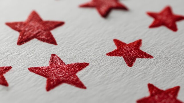 Red stars pattern on white background close-up with textured detail - Powered by Adobe